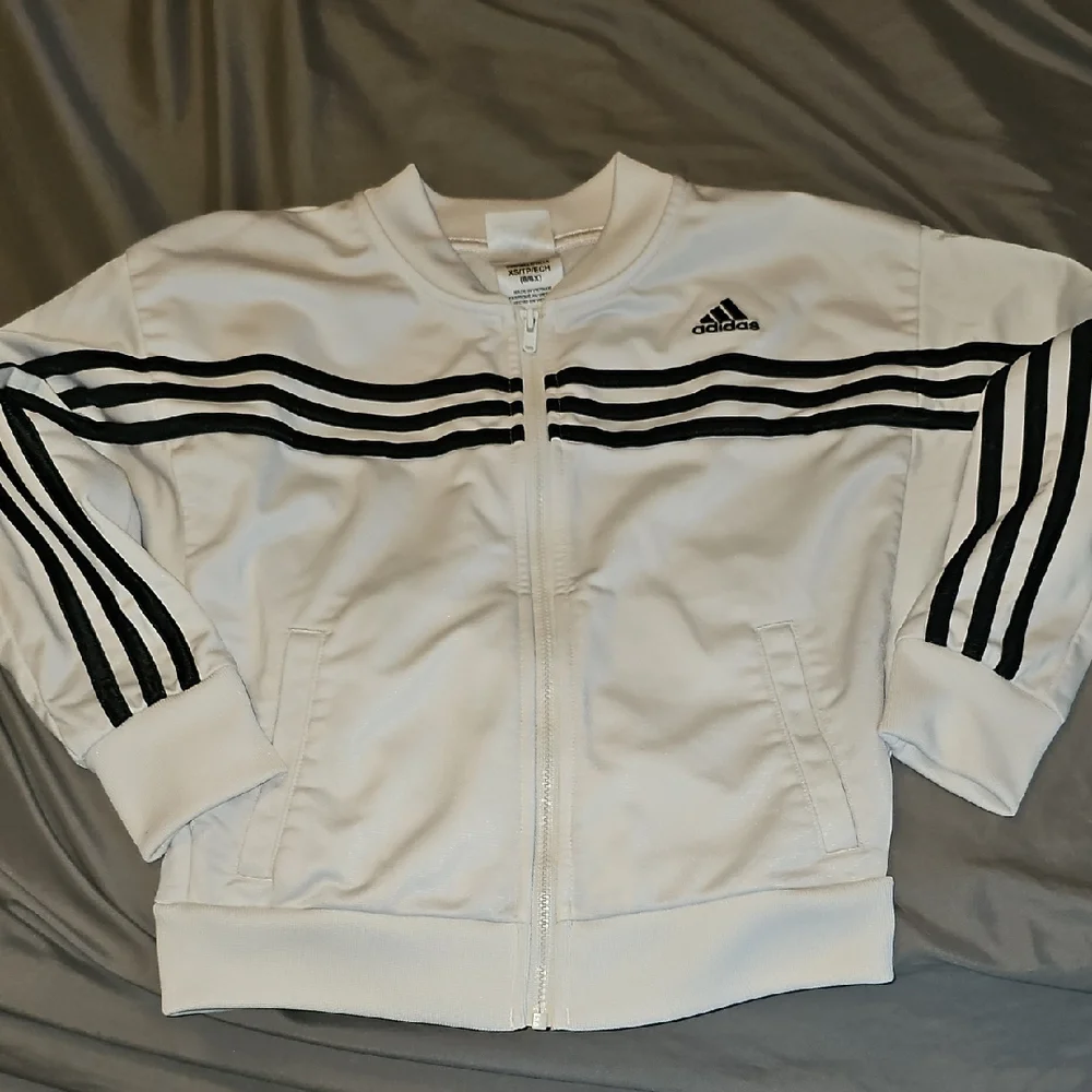 Adidas White Jacket Black Stripes Activewear Size 6 6x Xsmall Boy Girl Coat